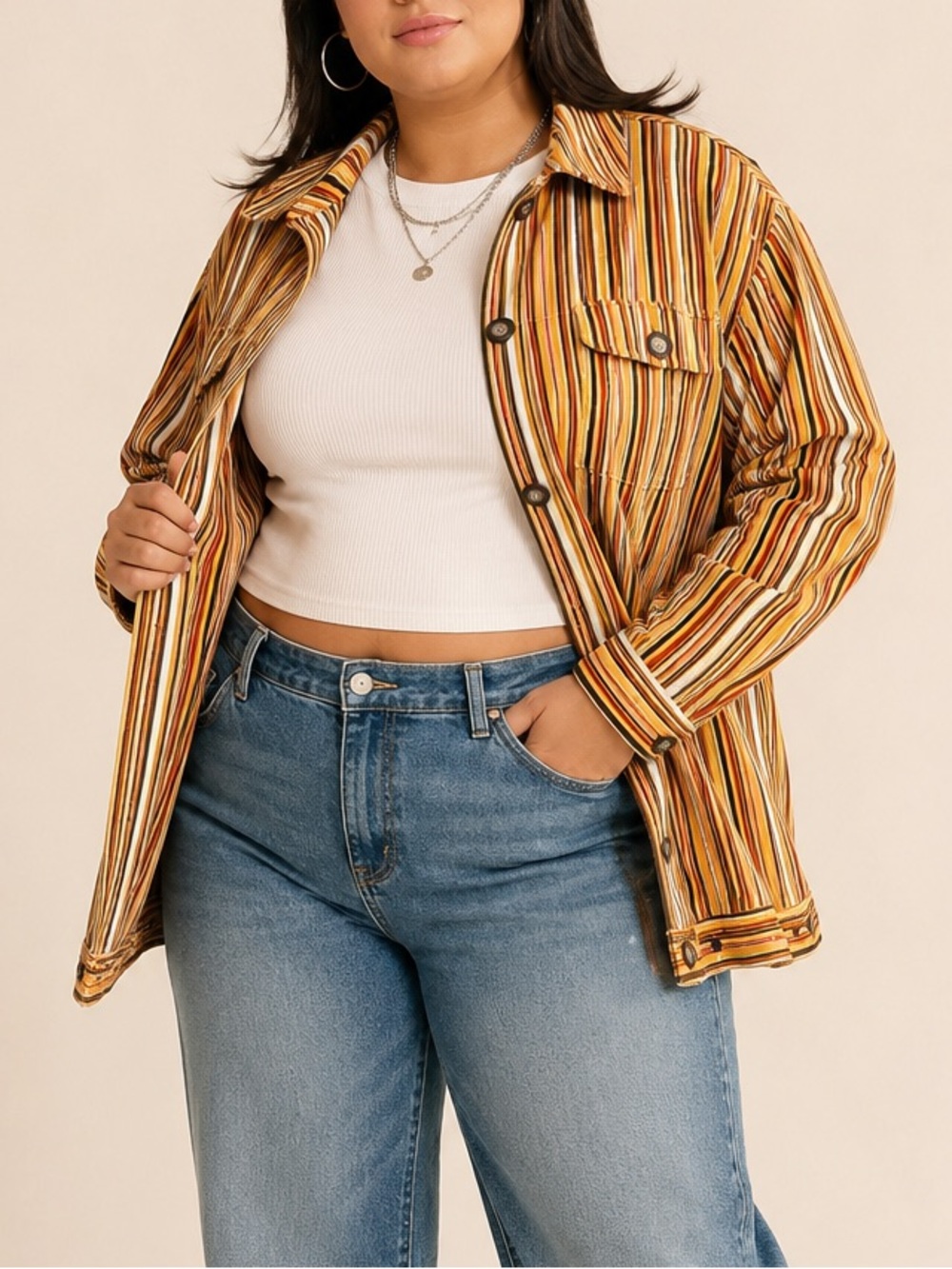 CJ Banks Striped Utility Shacket Stretch 2X Cotton Y2K Casual Bold Print Jacket
